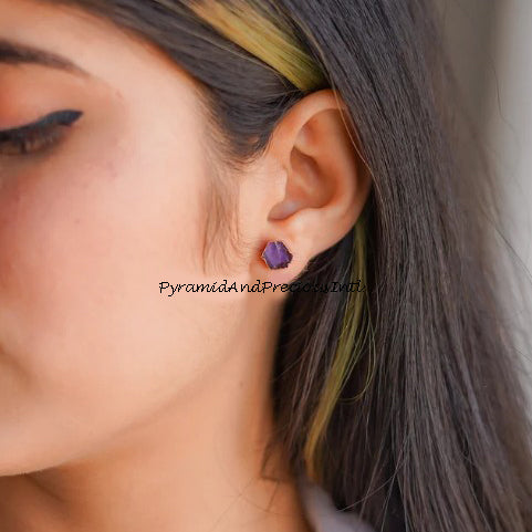 Raw Amethyst Electroplated Stud Earrings, Copper Jewelry, January Birthstone, Sold By Pair