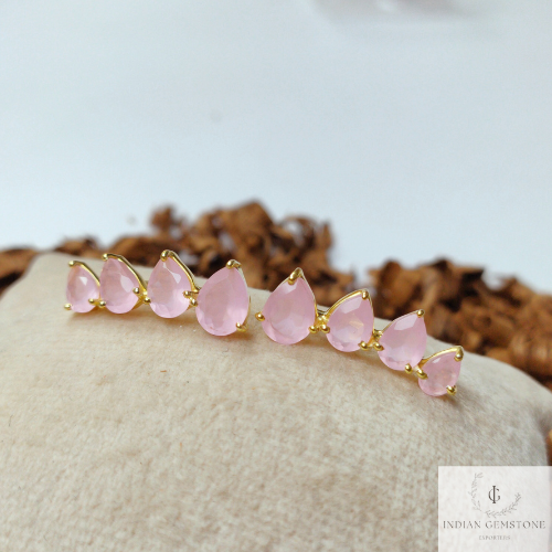 Pink Chalcedony Ear Climber, 925 Sterling Silver Earring, Chalcedony Ear Crawler, Gemstone Ear Climber, Ear Crawler Earring, Christmas Gift