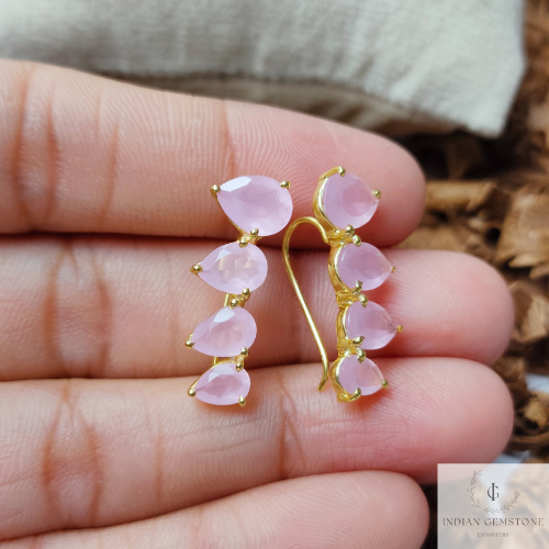 Pink Chalcedony Ear Climber, 925 Sterling Silver Earring, Chalcedony Ear Crawler, Gemstone Ear Climber, Ear Crawler Earring, Christmas Gift