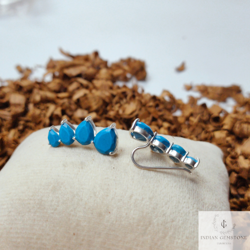 Turquoise Ear Climber, 925 Starling Silver Earring, Blue Turquoise Ear Crawler, Gemstone Ear Climber, Beautiful Earring, Ear Crawler Earring