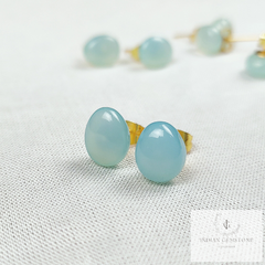 Aqua Chalcedony Stud earrings, 14K Gold Plated Stud, Oval Shape Gemstone Jewelry. Stud Earring, Chalcedony Stud, Gift For Woman, Jewelry