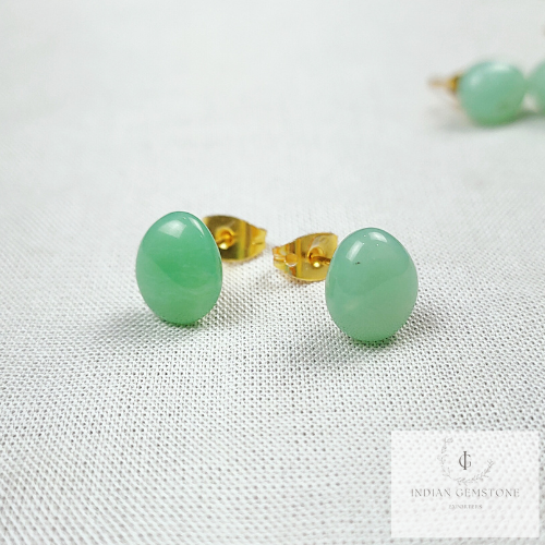 Green Chalcedony Earring, 14k Gold Plated Stud, Oval Shape Gemstone Earring, Chalcedony Stud Earrings, Gift For Her, Green Stone Earrings
