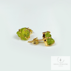Moldavite Raw Gemstone Studs, 14K Gold Plated Stud Earring, Prong Stud Earrings, Green gemstone Earrings, Rare Jewelry, Gift For Her, Gift