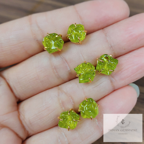 Moldavite Raw Gemstone Studs, 14K Gold Plated Stud Earring, Prong Stud Earrings, Green gemstone Earrings, Rare Jewelry, Gift For Her, Gift