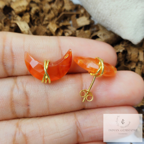 Natural Moon shape Carnelian Studs, Earrings, Birthstone Jewelry, Moon Stone Jewelry, Gemstone Earrings, Orange Earrings, Women earrings