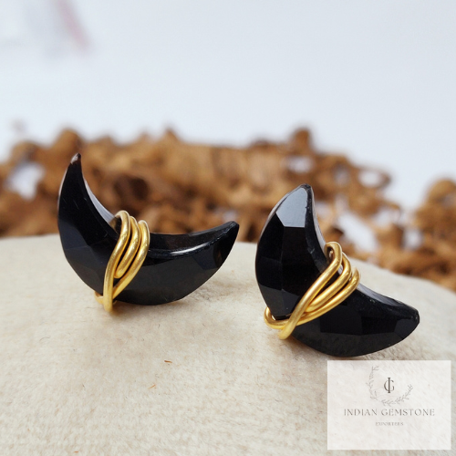 Black Onyx Moon Earrings, Black Onyx Jewelry, Tiny Gold Plated Studs, Wire Wrap Studs, Gift For Her, Black Earrings, Dainty Earrings, Studs