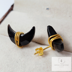 Black Onyx Moon Earrings, Black Onyx Jewelry, Tiny Gold Plated Studs, Wire Wrap Studs, Gift For Her, Black Earrings, Dainty Earrings, Studs