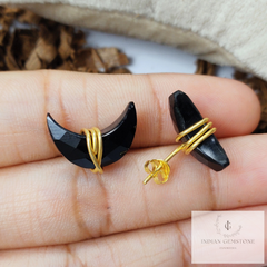 Black Onyx Moon Earrings, Black Onyx Jewelry, Tiny Gold Plated Studs, Wire Wrap Studs, Gift For Her, Black Earrings, Dainty Earrings, Studs