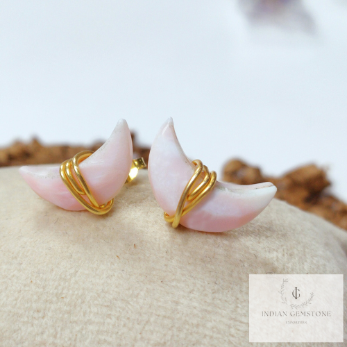 50% OFF Pink Opal Stud Earrings, Dainty Earrings Stud, Moon Stud Earrings, Dainty Gemstone Earrings, Wholesale Suppliers, Gift For Her, Gift