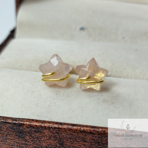 Natural Rose Quartz Star Earrings, Pink Jewelry, Tiny Gold Plated Studs, Wire Wrap Studs, Gift For Her, Dainty Earrings, Star Studs, Gift