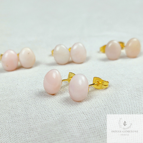 Natural Pink Opal Earrings, Opal Stud Earrings, Pink Stone Jewelry, Gemstone Stud, Ethnic Jewelry, Simple Earrings, Gift For Women, Gift