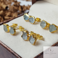 Raw Aquamarine Stud Earrings, Gold Electroplated Stud Earrings, Aquamarine Jewelry, Raw Gemstone Earrings, Women Earrings, Gift For Her