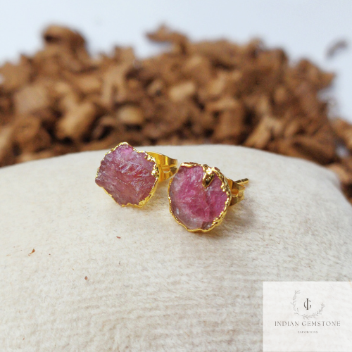Raw Tourmaline Gemstone Earrings, Pink Tourmaline Jewelry, Tiny Gold Plated Studs, October Birthstone, Gift For Her, Rough Crystal Earrings