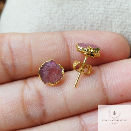 Raw Tourmaline Gemstone Earrings, Pink Tourmaline Jewelry, Tiny Gold Plated Studs, October Birthstone, Gift For Her, Rough Crystal Earrings