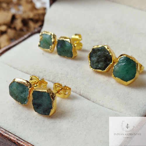 Raw Emerald Electroplated Stud Earrings, Birthstone Stud, Dainty Rough Stone, Raw Gemstone Earrings, Women Earrings Stud, Boho Gift For Her