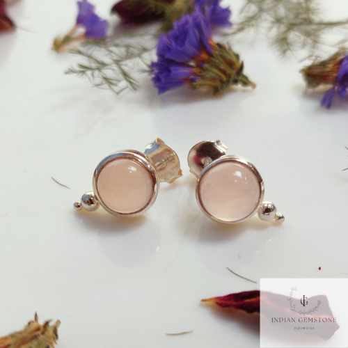 Rose Quartz Stud Earring, 925 Sterling Silver Stud Earring, Round Pink Stud, Minimal, Bohemian Jewelry, Bridesmaid Gift, Cute Simple Earring