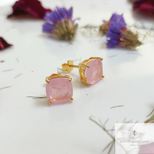 Pink Chalcedony Stud, Cushion Shape Earring , 925 Sterling Silver Earrings, Pink Gemstone Earrings, Chalcedony Earrings, Boho Earring, Gift