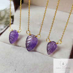 Natural Amethyst Necklace, 925 Sterling Silver Gold Necklace, Leaf Design Carving Necklace, February Birthstone Pendant,One of Kind Necklace