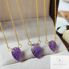 Natural Amethyst Necklace, 925 Sterling Silver Gold Necklace, Leaf Design Carving Necklace, February Birthstone Pendant,One of Kind Necklace
