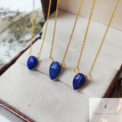 Natural Lapis Lazuli Gemstone Necklace, 925 Sterling Silver Gold Plated Necklace, One Of A Kind Necklace, Leaf Design Carving Necklace, Gift