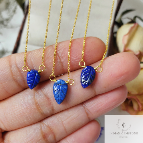 Natural Lapis Lazuli Gemstone Necklace, 925 Sterling Silver Gold Plated Necklace, One Of A Kind Necklace, Leaf Design Carving Necklace, Gift