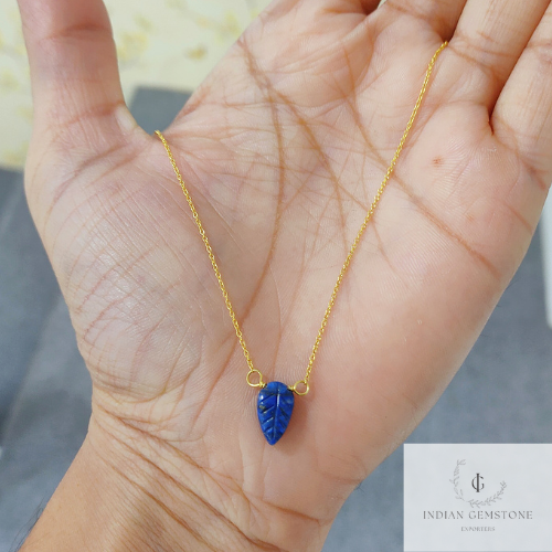 Natural Lapis Lazuli Gemstone Necklace, 925 Sterling Silver Gold Plated Necklace, One Of A Kind Necklace, Leaf Design Carving Necklace, Gift