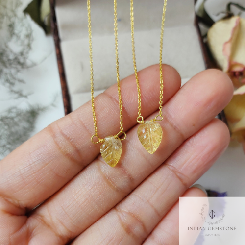 Natural Citrine Gemstone Pendant Necklace, 925 Sterling Silver Gold Plated, Leaf Design Carving Charm Necklace, One Of A Kind Necklace, Gift