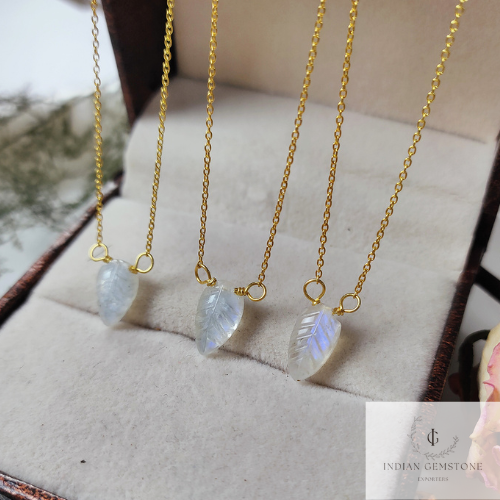 Natural Rainbow Moonstone Gemstone Necklace, 925 Sterling Silver Gold Plated Necklace, Carved Leaf Moonstone Pendant, One Of A Kind Jewelry
