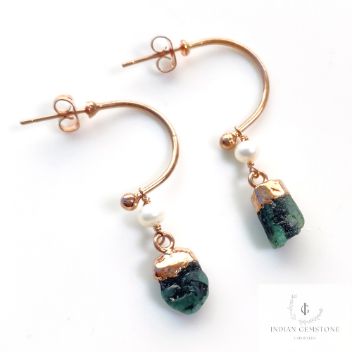 Raw Emerald Earring, White Pearl Earring, Rose Gold Plated Earring, Trendy Bohemian Earring, Crystal Gemstone Earring, Rough Emerald jewelry