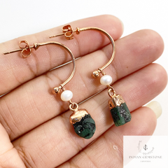 Raw Emerald Earring, White Pearl Earring, Rose Gold Plated Earring, Trendy Bohemian Earring, Crystal Gemstone Earring, Rough Emerald jewelry