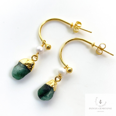 Natural Raw Emerald Earring, Pearl Earring, Gemstone Earrings, Handmade Raw Earring, Gold Plated Earring, Dainty Earring, Designer Earring
