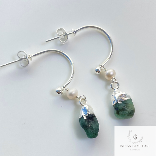 Raw Emerald Earrings, May Birthstone Earrings, Dangle Earrings, Silver Plated Earring, Holiday Gift Ideas, Statement Earrings, Birthday Gift