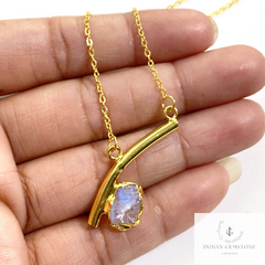 Natural Rainbow Moonstone Necklace, Gold Plated Necklace, Gemstone Pendant, Raw Moonstone Necklace, Blue Fire Moonstone, Bar Necklace, Gifts