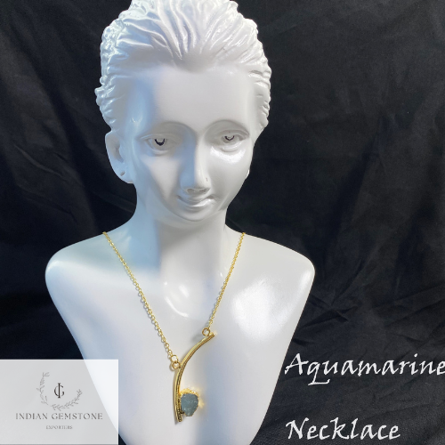 Natural Aquamarine Necklace, Gold Plated Necklace, Raw Aquamarine Gemstone Pendant, Bar Necklace, Boho Statement Necklace, Antique Necklace