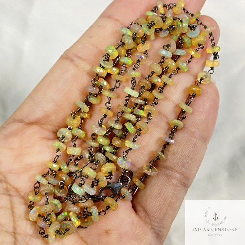 Natural Ethiopian Opal Rosary Style Beaded Gemstone Chain Necklace, 925 Sterling Silver Necklace, 4X5.5 MM Opal Wire Wrapped Beads Chain