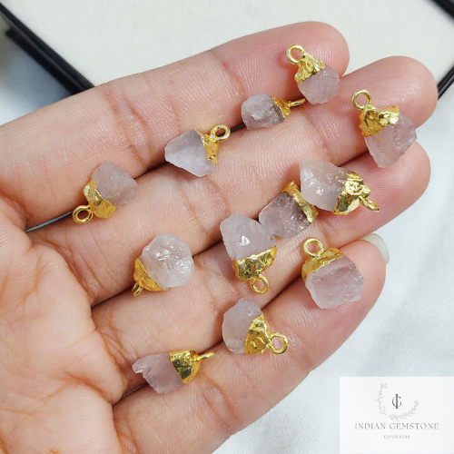 Natural Rose Quartz Connector, Rough Gemstone Pendant, gold Plated Pendant, Gemstone Charm Pendant, Raw Stone Connector, Quartz Charm, gift