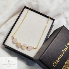 Natural Rough Rose Quartz Necklace, Gold Plated Necklace, October Birthstone Necklace, Beaded Necklace, Healing Crystal Necklace, Love Gift