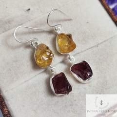 Raw Garnet Earring, Gemstone Birthstone Earring, Citrine Boho Earrings, 925 Sterling Silver Dainty Dangle Earring, Christmas Gift For Her