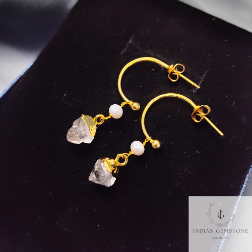 Raw Herkimer Quartz Earrings, Electroplated Earrings, 14K Gold Plated Earrings, Raw Earrings, Women Earrings, Gift For Her, Crystal Earrings