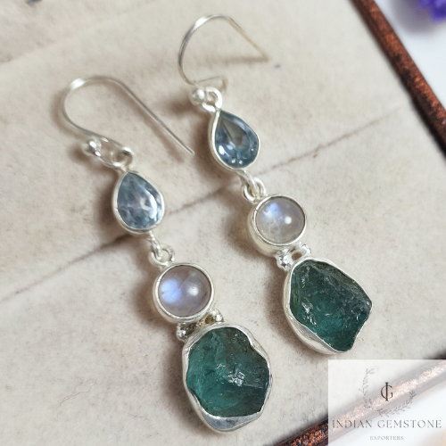 Raw Aquamarine, Blue Topaz Earring, Blue Fire Minimalist Dainty Earring, Rainbow Moonstone Dangle Earring, Gemstone jewelry, Gift for wife