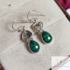 Genuine Malachite Teardrop Earrings, Herkimer Diamond Dangle Earrings, 925 Sterling Silver Handmade Gemstone Earring, Birthday Gift