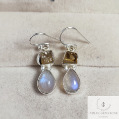 Raw Citrine Crystal Earring, Rainbow Moonstone Designer Dangle Earring, Birthstone Earrings, Handmade Jewelry, Minimalist Bridesmaid Jewelry