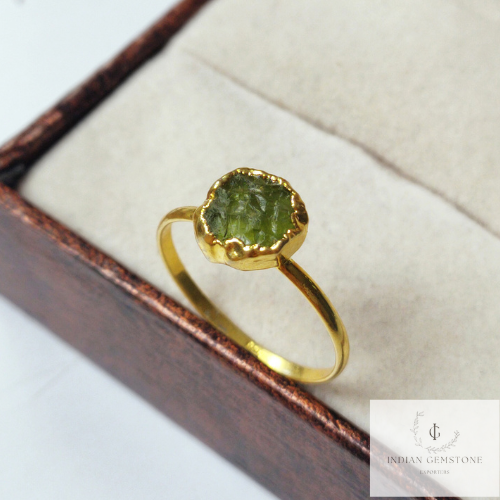 Raw Peridot Ring, August Birthstone Ring, Rough Stone Ring, Gold Electroplated Rings