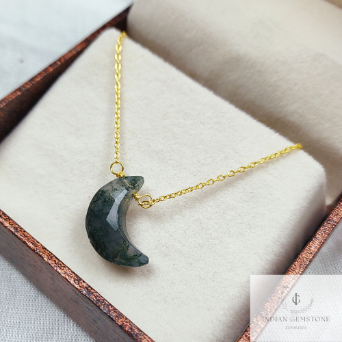 moss agate crescent moon pendant, moss agate moon necklace, natural moss agate moon, moss agate crystal necklace, wire wrap necklace, gift