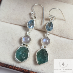 Raw Aquamarine, Blue Topaz Earring, Blue Fire Minimalist Dainty Earring, Rainbow Moonstone Dangle Earring, Gemstone jewelry, Gift for wife