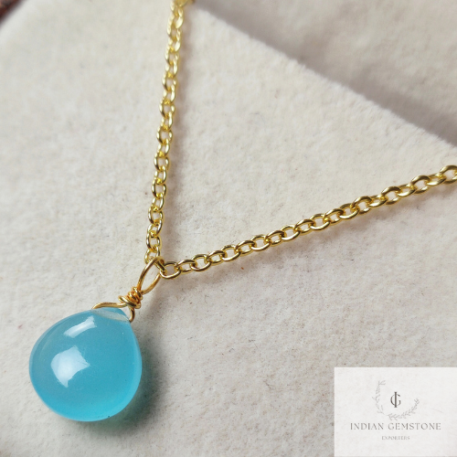Aqua Blue Chalcedony Gold Plated Wire Wrapped Heart Pendant Necklace- Gemstone Necklace, Handmade Necklace, Gift For Her