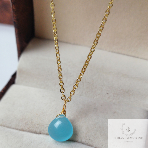 Aqua Blue Chalcedony Gold Plated Wire Wrapped Heart Pendant Necklace- Gemstone Necklace, Handmade Necklace, Gift For Her