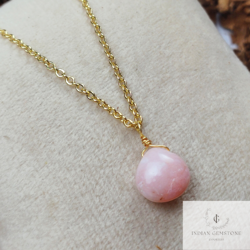 Pink Opal Gold Plated Wire Wrapped Heart Pendant Necklace- Gemstone Necklace, Handmade Necklace, Gift For Her