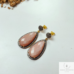 Sunstone Teardrop Cz Pave Set Earring, 925 Silver Gold Plated Earring, Gift For Friends, Gemstone Earrings, Pave Set Earring, Fancy Earrings